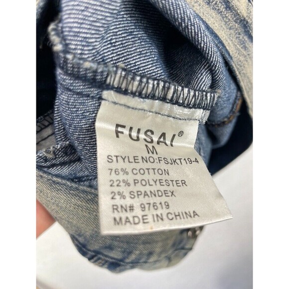 FUSAI Jean Jacket Men’s Size M Blue Distressed Stretch Denim Button Front - Picture 7 of 8
